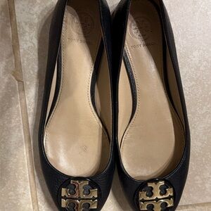 Tory Burch Black Leather Flats with Gold Logo
